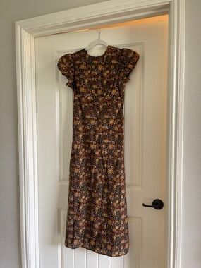 Brown Floral Puff-Sleeve Maxi Dress